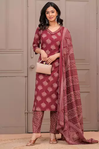 Maroon floral printed cotton kurta set for women