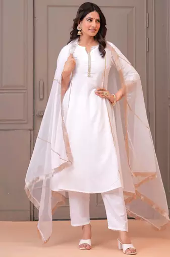 White solid cotton kurta set for women