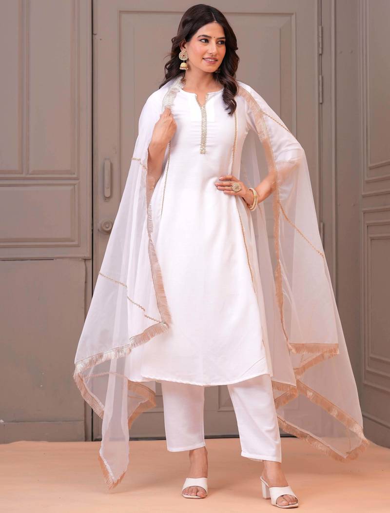 White solid pure cotton kurta set for women