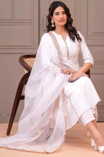White solid cotton kurta set for women