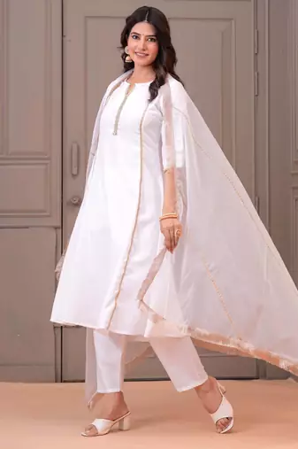 White solid cotton kurta set for women