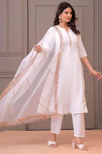 White solid cotton kurta set for women