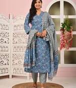 Blue floral printed pure cotton kurta set for women