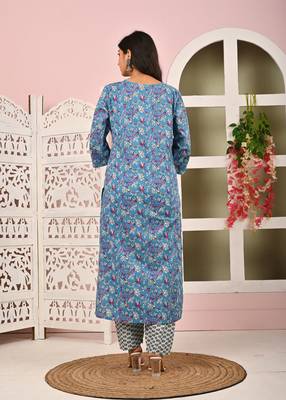Blue floral printed pure cotton kurta set for women 2