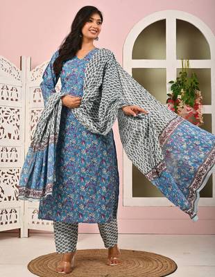 Blue floral printed pure cotton kurta set for women 4