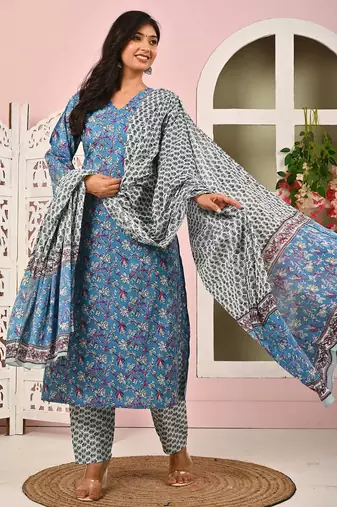 Blue floral printed cotton kurta set for women