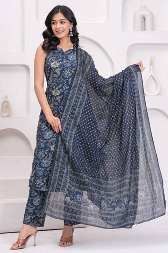 Blue floral printed cotton kurta set for women