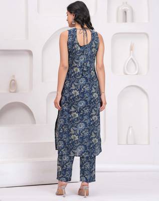 Blue floral printed pure cotton kurta set for women 2
