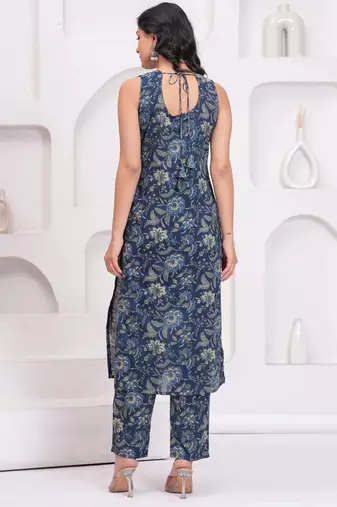 Blue floral printed cotton kurta set for women