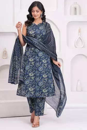 Blue floral printed cotton kurta set for women