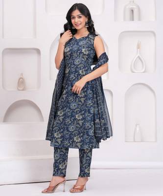 Blue floral printed pure cotton kurta set for women 5