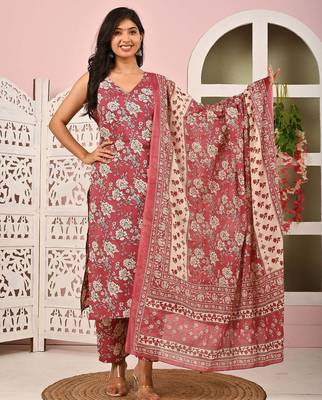 Mauve floral printed pure cotton kurta set for women 1