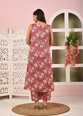 Mauve floral printed pure cotton kurta set for women 2