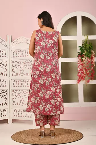 Mauve floral printed pure cotton kurta set for women