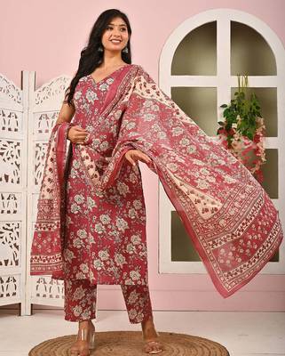 Mauve floral printed pure cotton kurta set for women 4