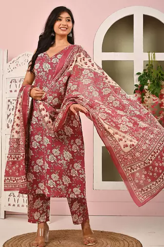 Mauve floral printed pure cotton kurta set for women