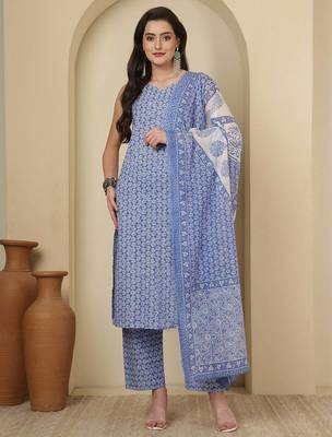 Blue floral printed pure cotton kurta set for women 1