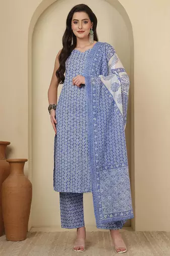 Blue floral printed cotton kurta set for women