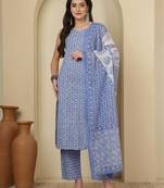 Blue floral printed pure cotton kurta set for women