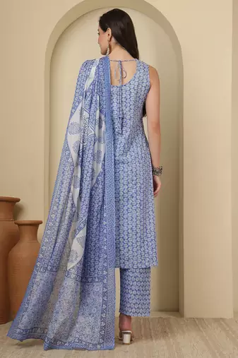 Blue floral printed cotton kurta set for women