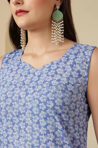 Blue floral printed cotton kurta set for women