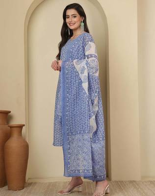 Blue floral printed pure cotton kurta set for women 5