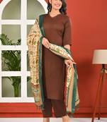 Brown solid polyester kurta set for women