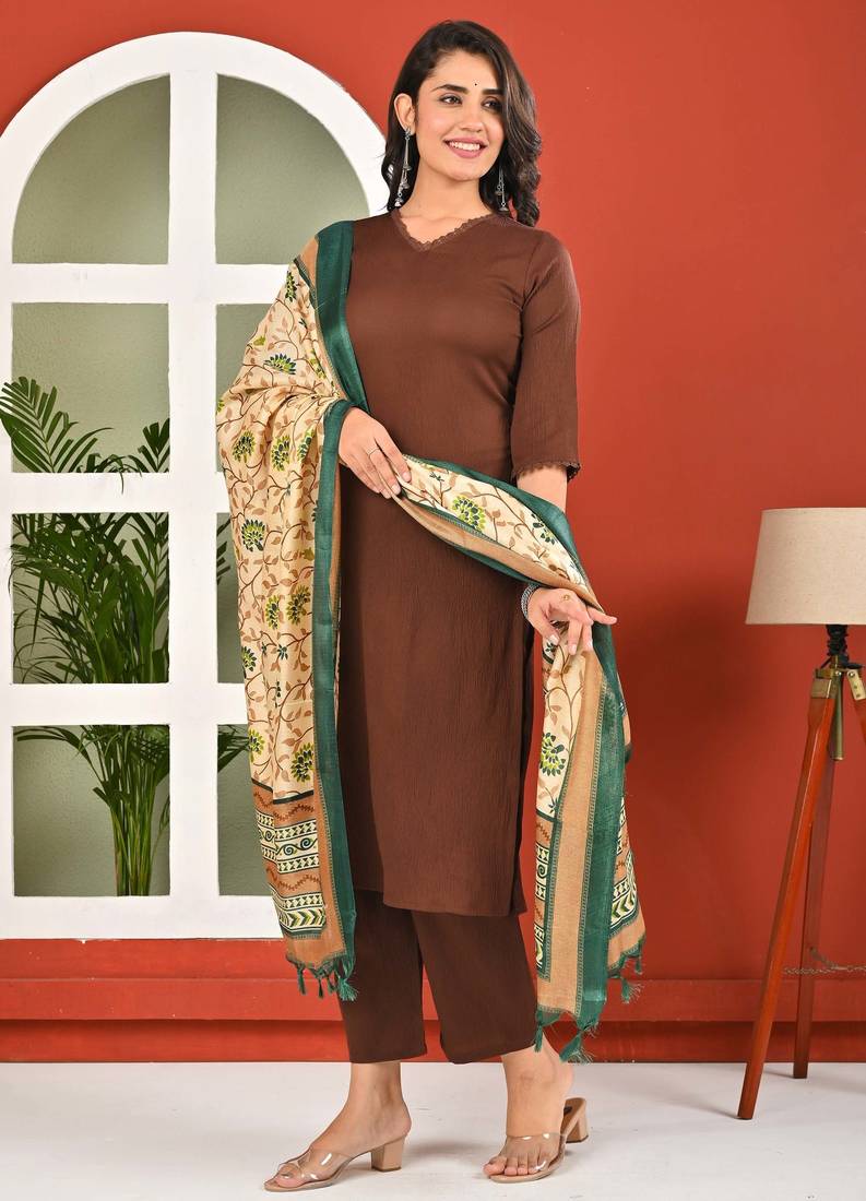 Brown solid polyester kurta set for women