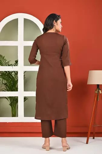 Brown solid polyester kurta set for women