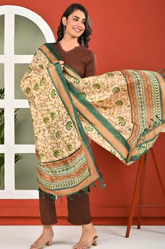 Brown solid polyester kurta set for women