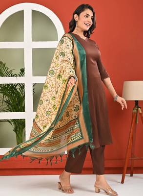 Brown solid polyester kurta set for women 5