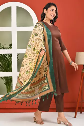 Brown solid polyester kurta set for women