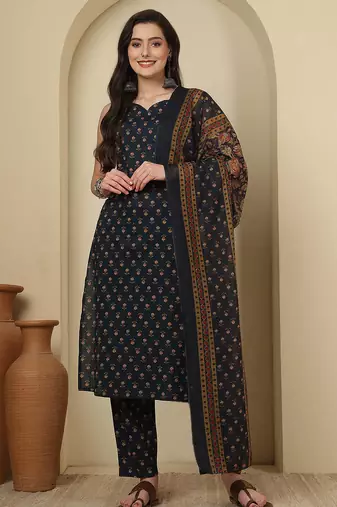 Blue floral printed pure cotton kurta set for women
