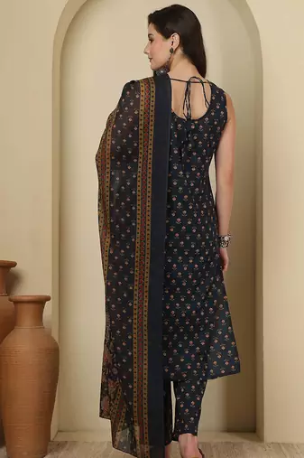 Blue floral printed pure cotton kurta set for women