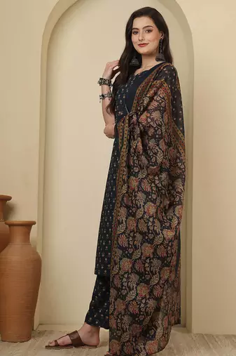 Blue floral printed pure cotton kurta set for women
