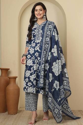 Blue floral printed pure cotton kurta set for women