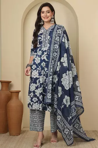 Blue floral printed pure cotton kurta set for women