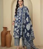 Blue floral printed pure cotton kurta set for women