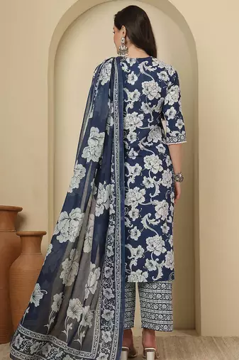 Blue floral printed pure cotton kurta set for women