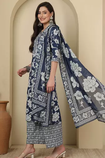 Blue floral printed pure cotton kurta set for women