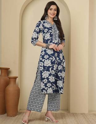 Blue floral printed pure cotton kurta set for women 4