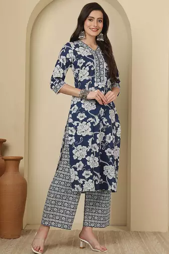 Blue floral printed pure cotton kurta set for women