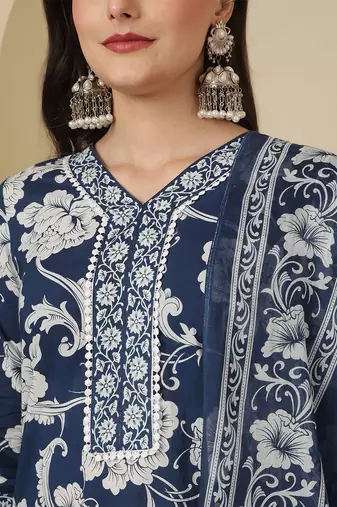 Blue floral printed pure cotton kurta set for women