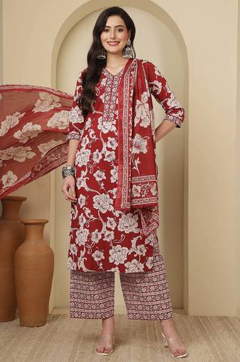 Maroon floral printed cotton kurta set for women