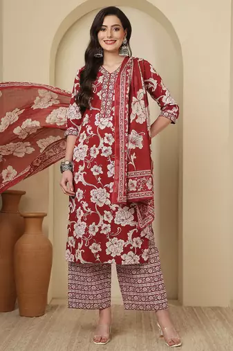 Maroon floral printed pure cotton kurta set for women