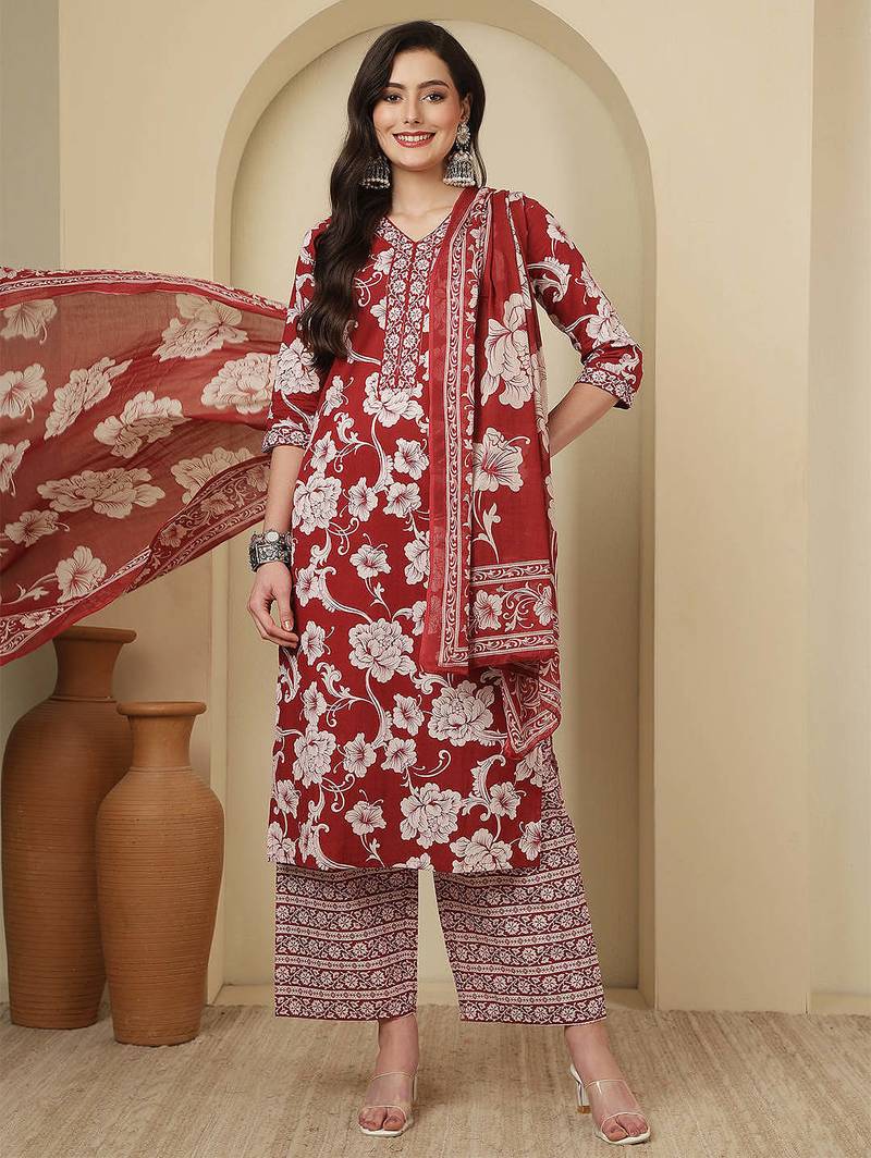 Maroon floral printed pure cotton kurta set for women