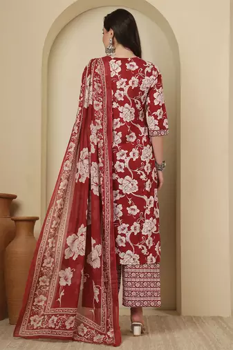 Maroon floral printed pure cotton kurta set for women