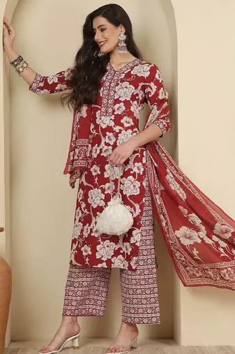 Maroon floral printed pure cotton kurta set for women