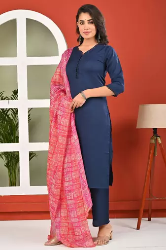 Blue solid polyester kurta set for women