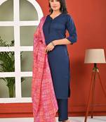 Blue solid polyester kurta set for women